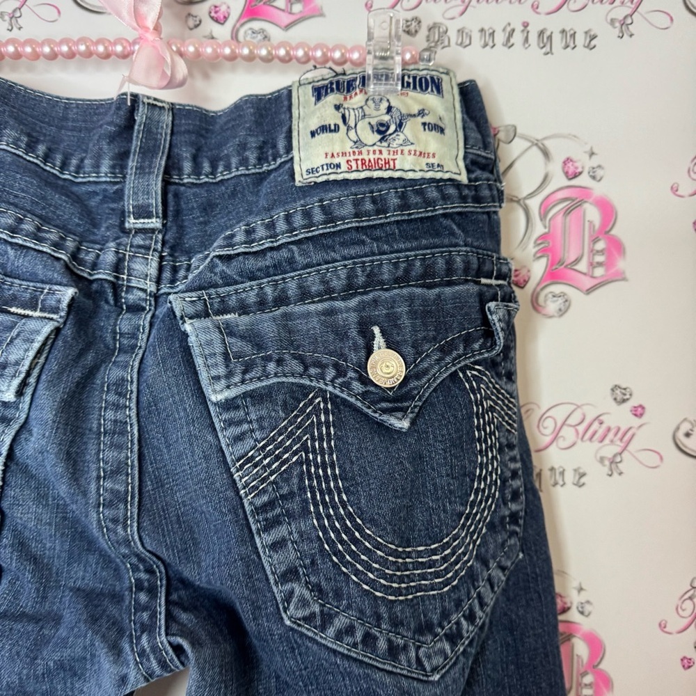 True Religion Blue Straight Jeans Classic Style pockets on back logo rare - Picture 5 of 6